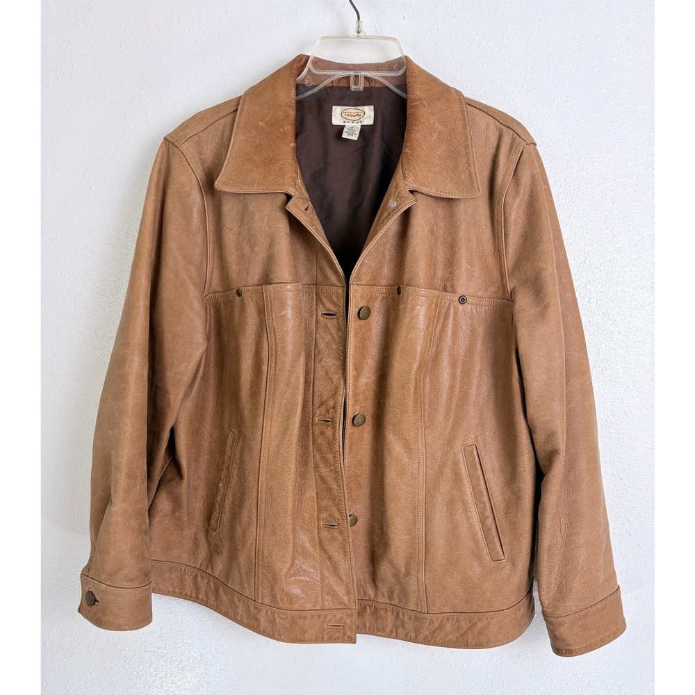 Vintage Talbots Woman Tan Leather Trucker Jacket Plus Size 1X